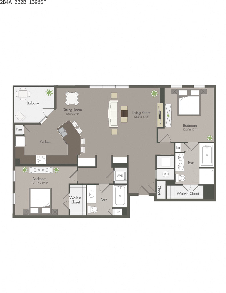 Floor plan for 2 beds, 2 baths, 1302 sqft